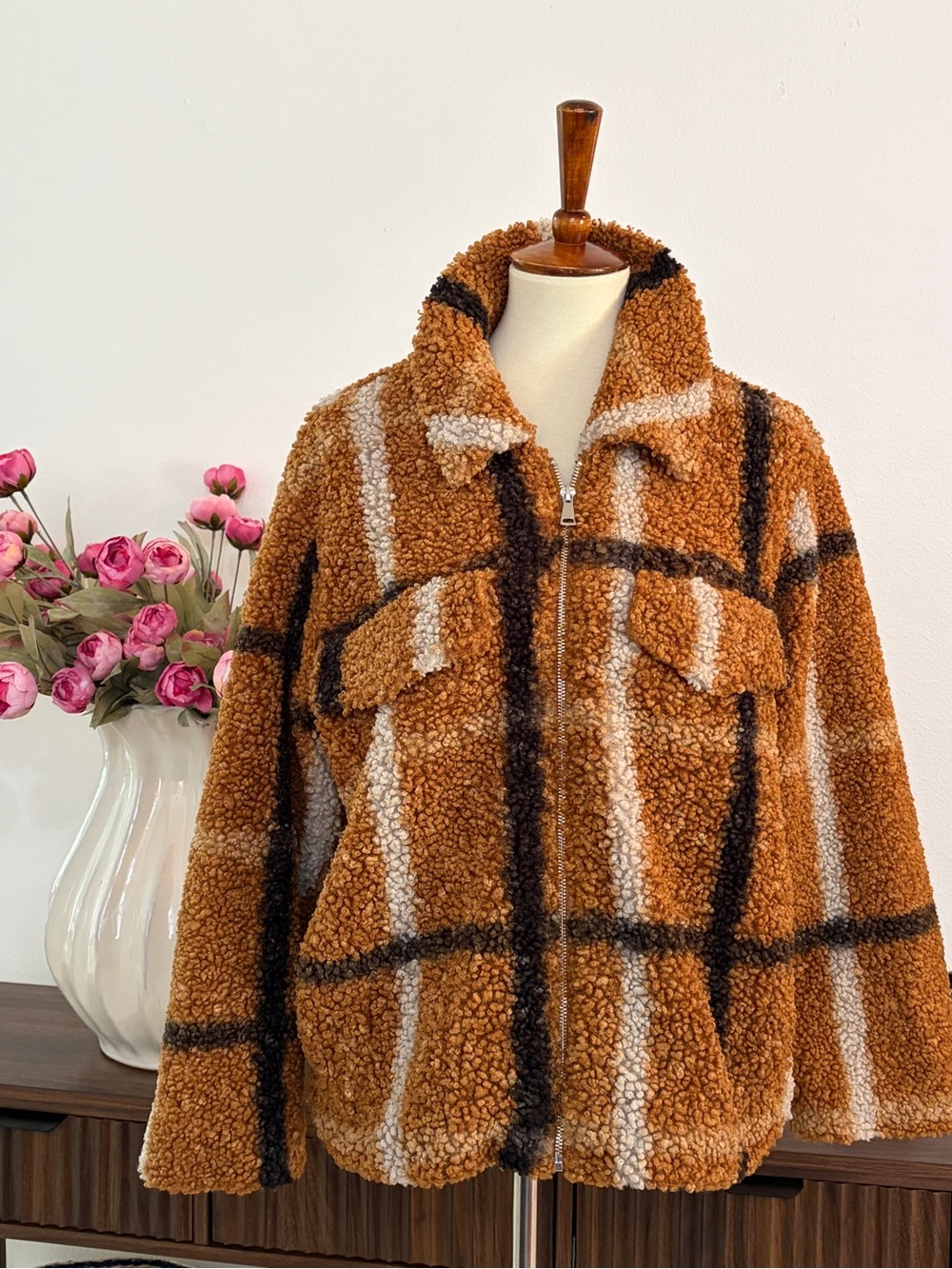 Stoosh Brown Plaid Teddy Sherpa Zip Jacket | Size‎ Large